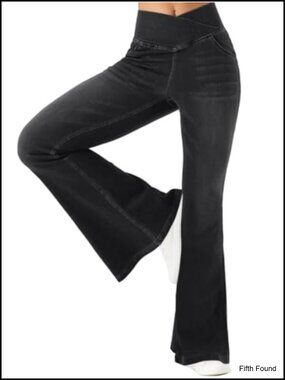 Women Stretchy Bell Bottom Flare Jeans Pull On Pants with Pockets